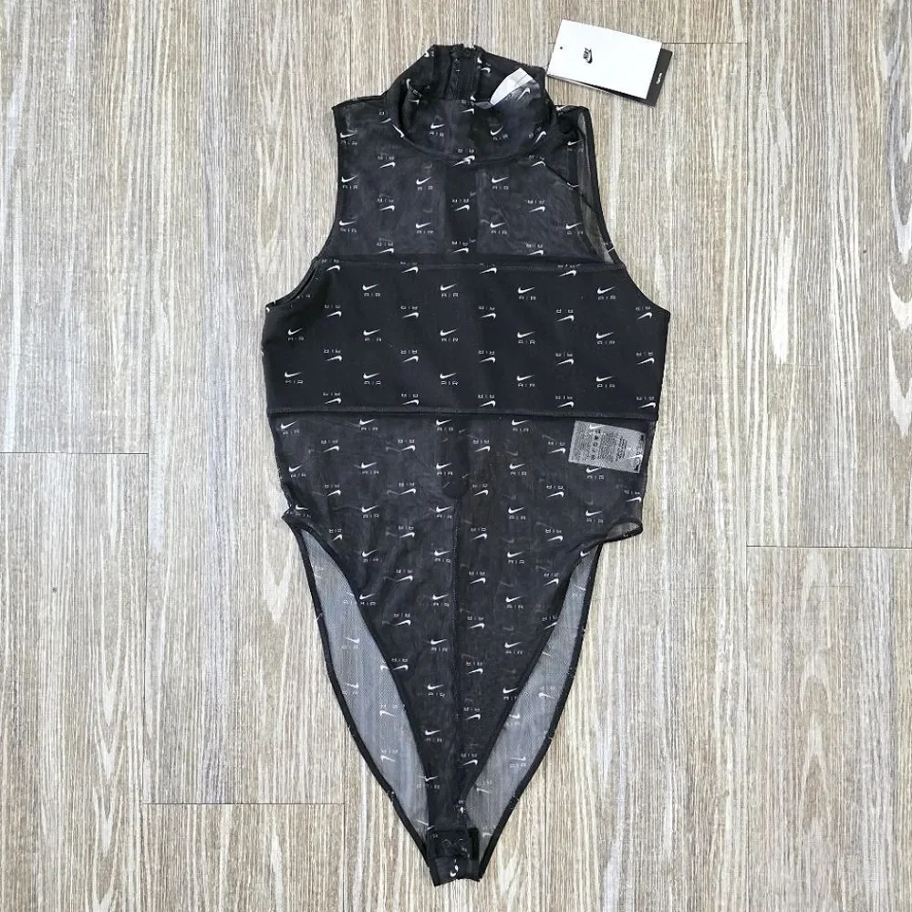 Nike Air Mock Neck All-Over Print Bodysuit Black Mesh Women’s Size M DV8243-010